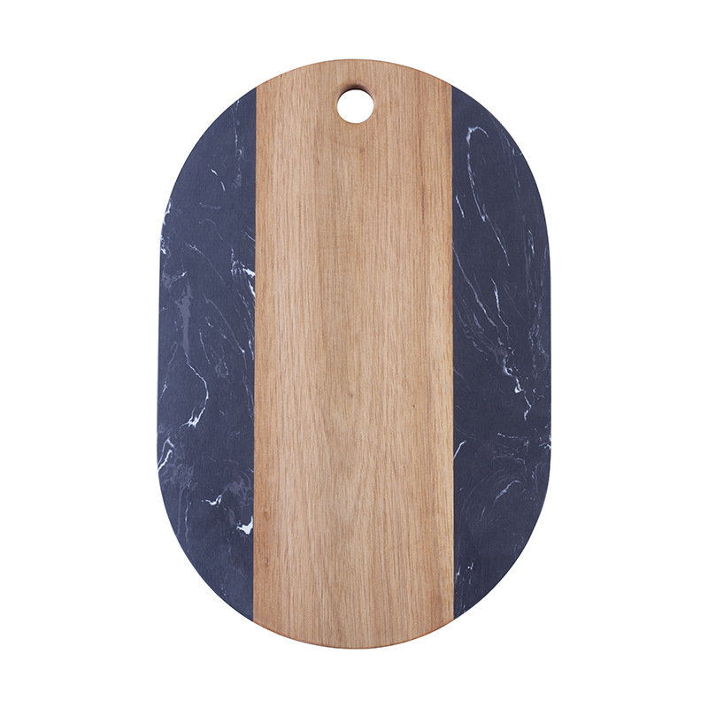 Oval Wood and Marble Cheese Board with Hanging Hole – Modern Serving Platter